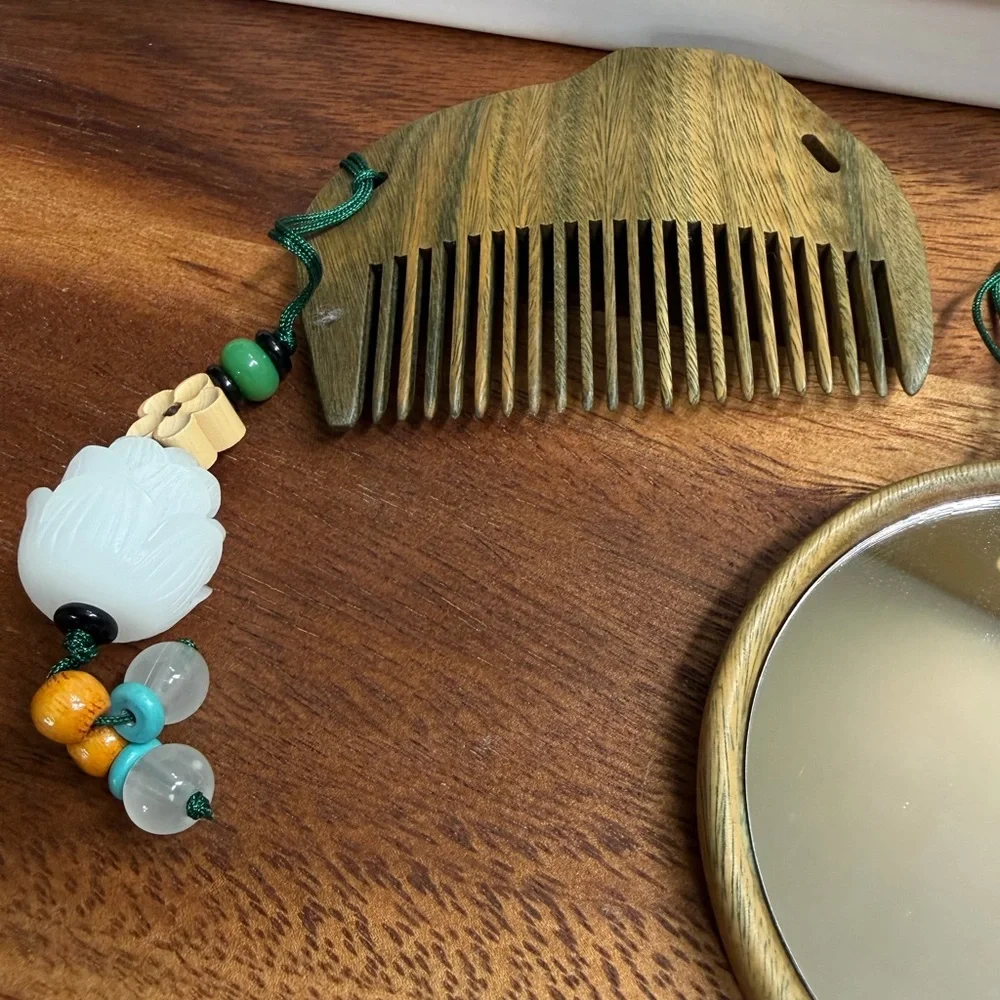 Vintage Style Lotus Vanity Set Mirror Comb Wood Zen Floral Asian Decor